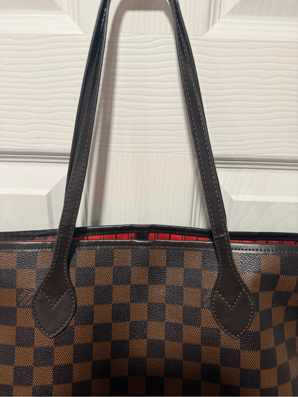 Louis Vuitton Red Striped Interior Tote with Black Trim and Gold Hardware